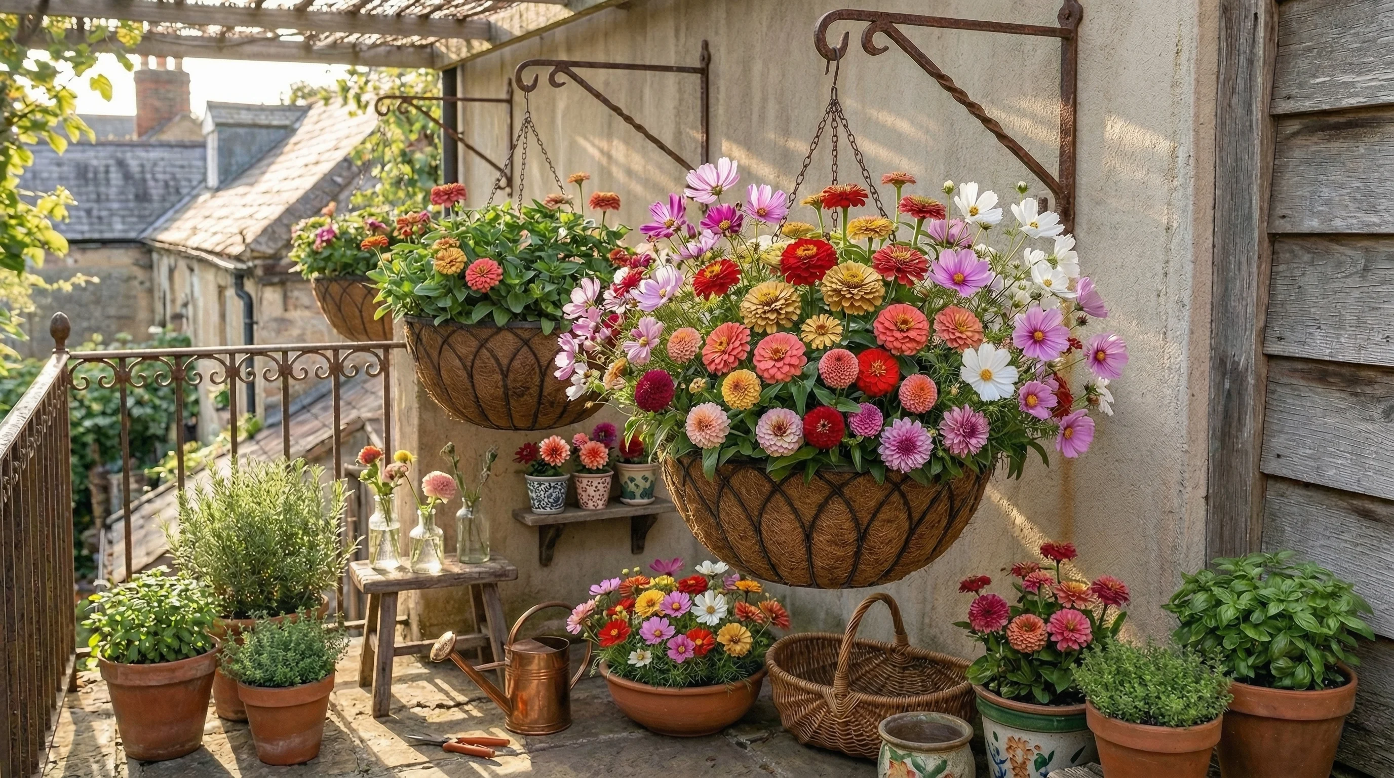 Assorted colorful cut flowers in pots on a terrace.