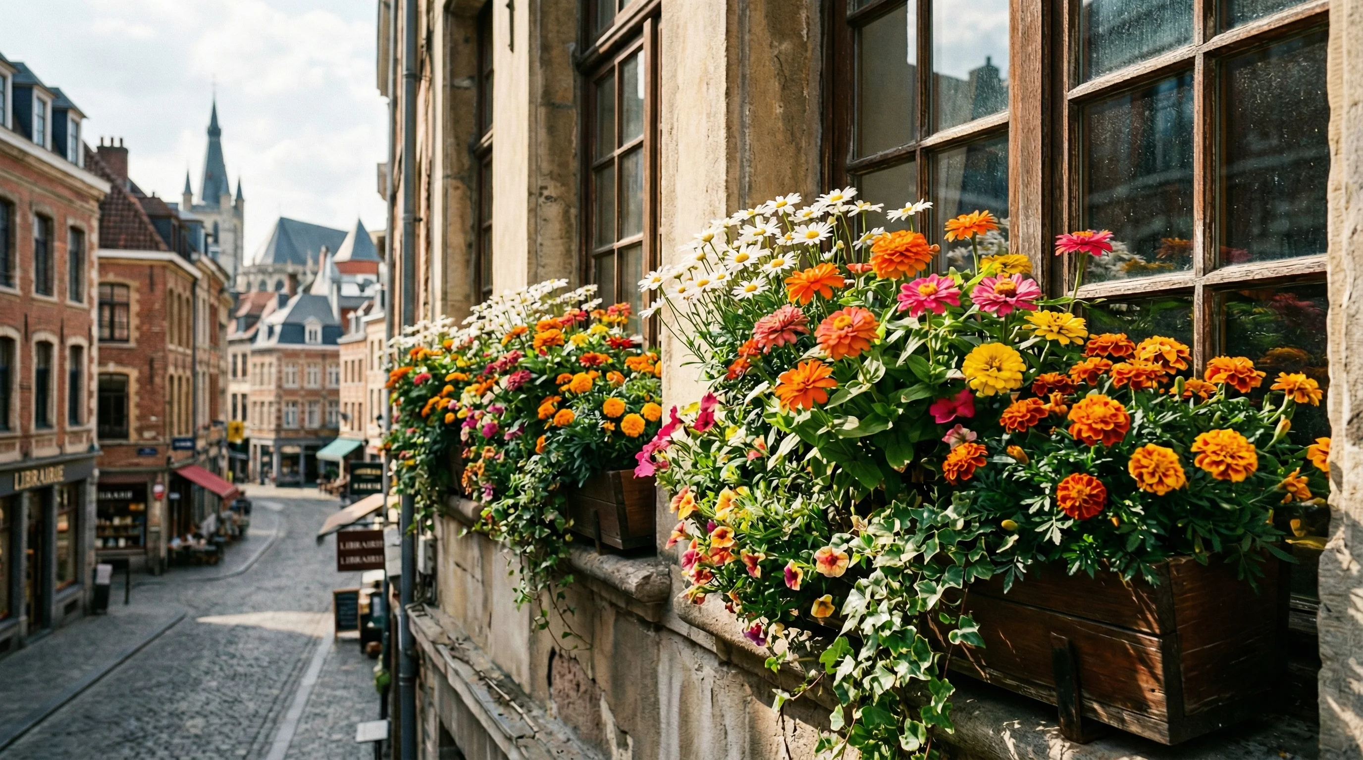 Window boxes overflowing with daisies, zinnias, and marigolds.