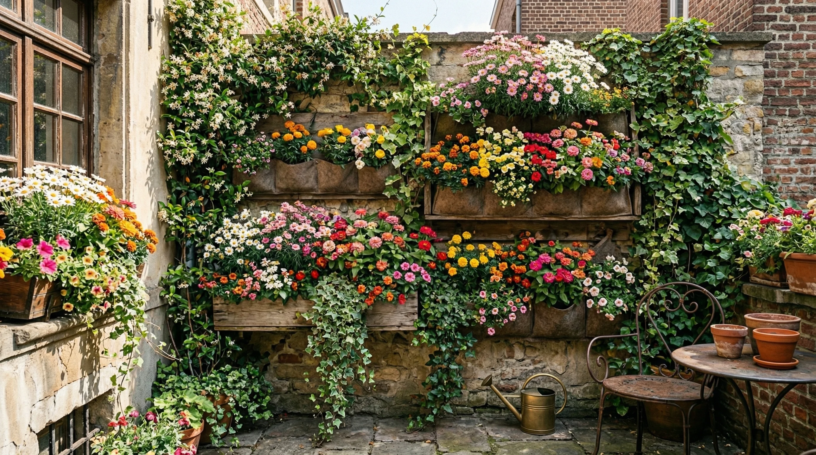 Vertical flower wall garden on a sunny small patio.