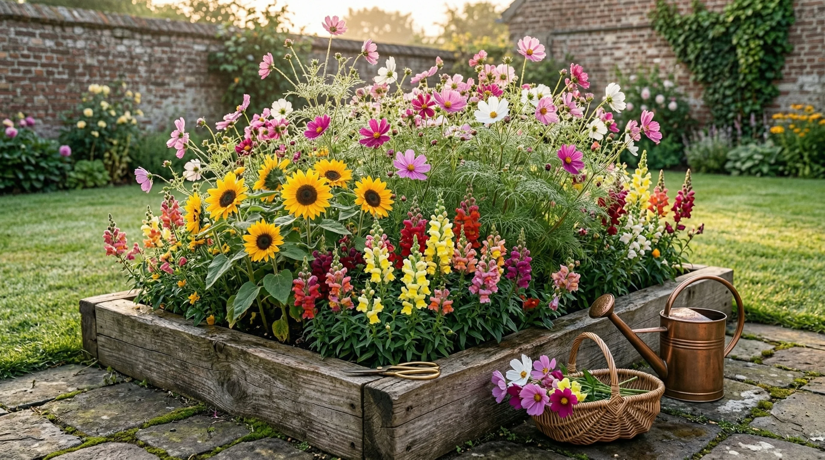 Compact raised bed filled with cut flowers.