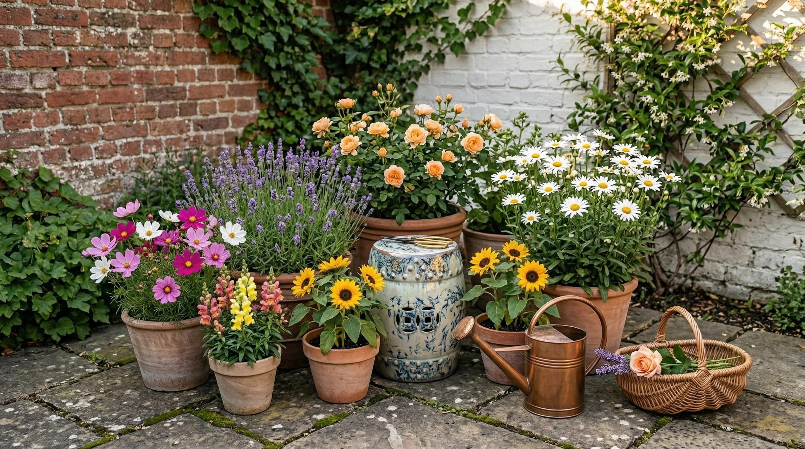 Patio corner filled with potted flowers in soft sunlight.