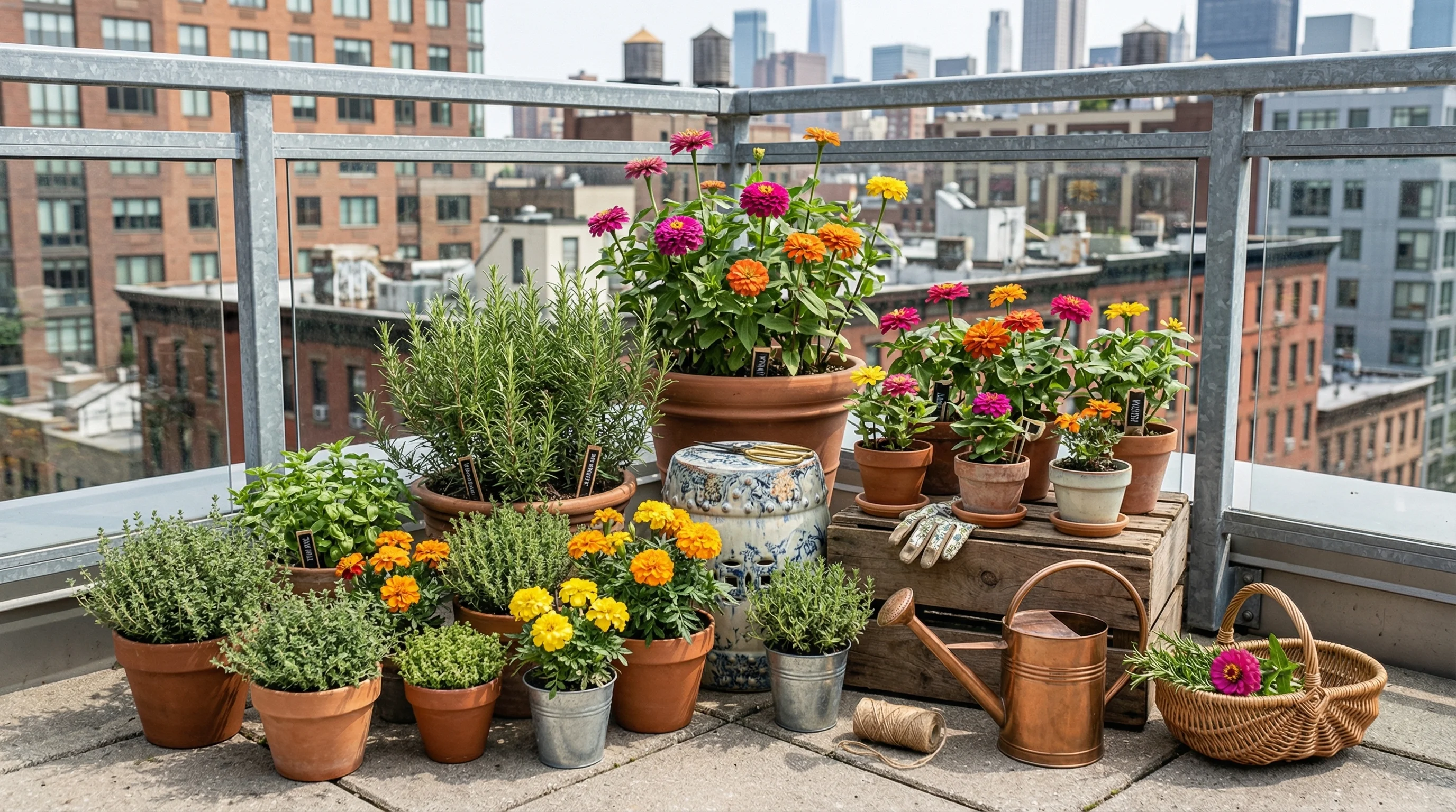 Small rooftop garden with herbs and colorful flowers.