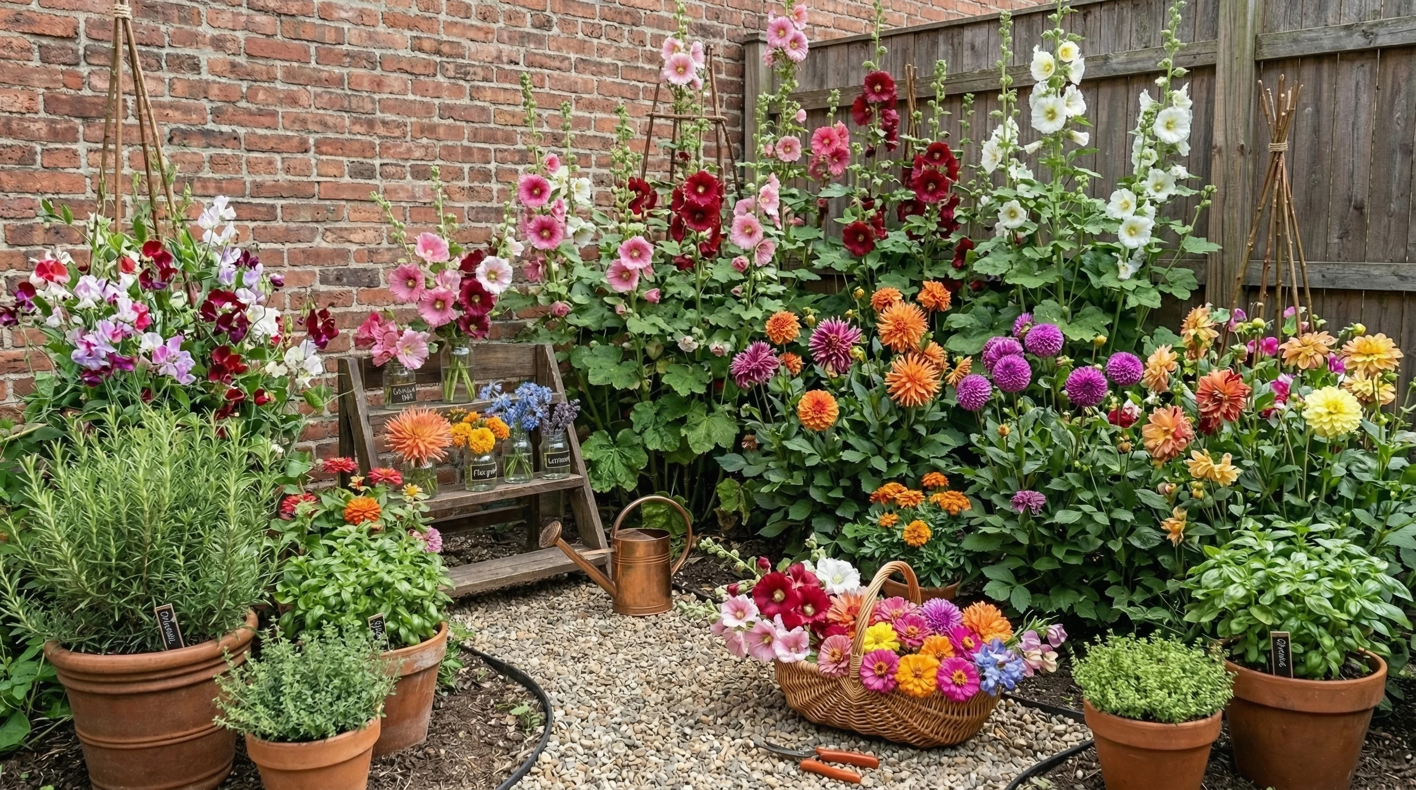 Mini cottage-style cutting garden with a small path.