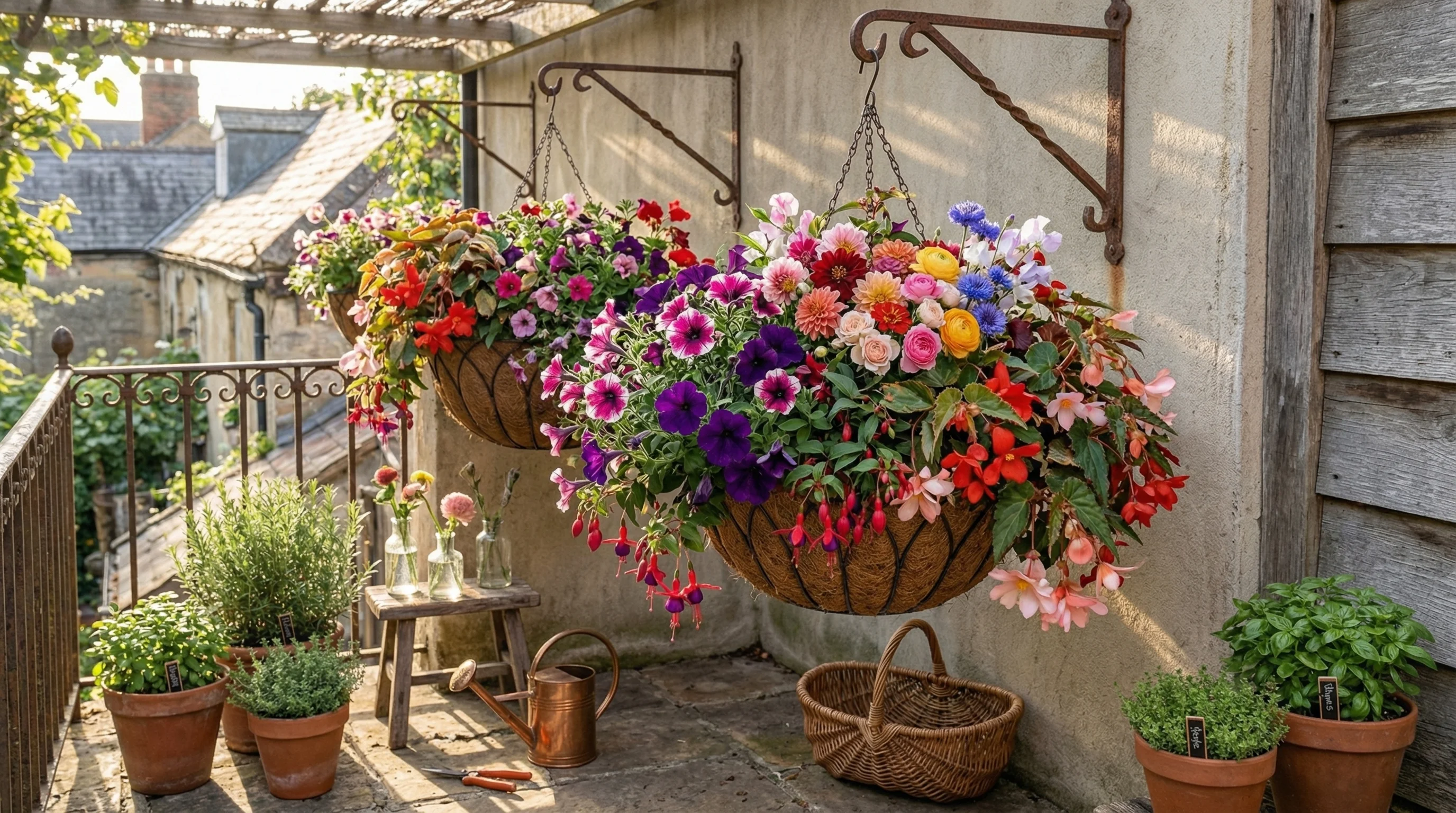 Cluster of hanging baskets filled with flowers.