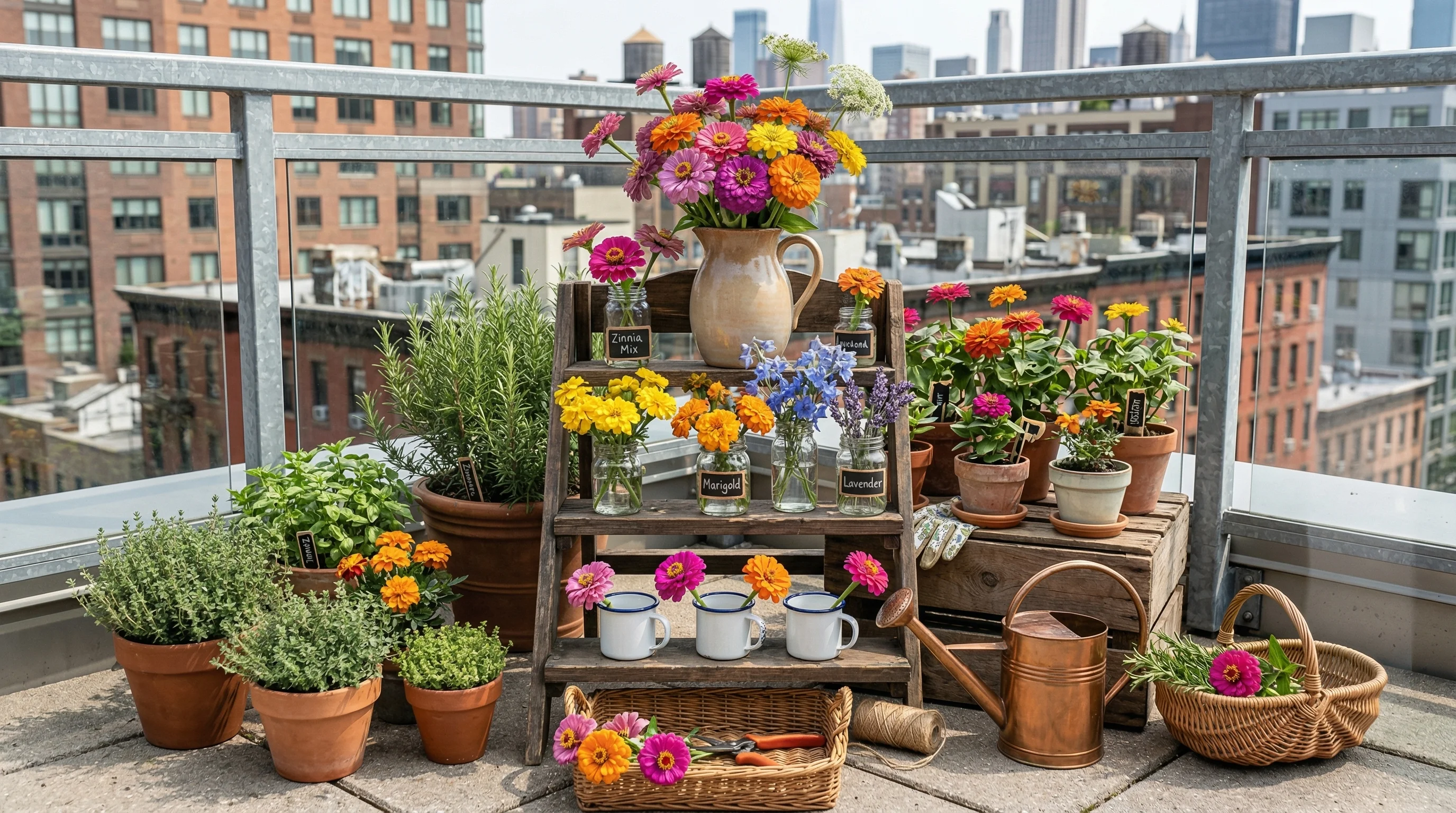 Three-tier flower planter display in morning sunlight.