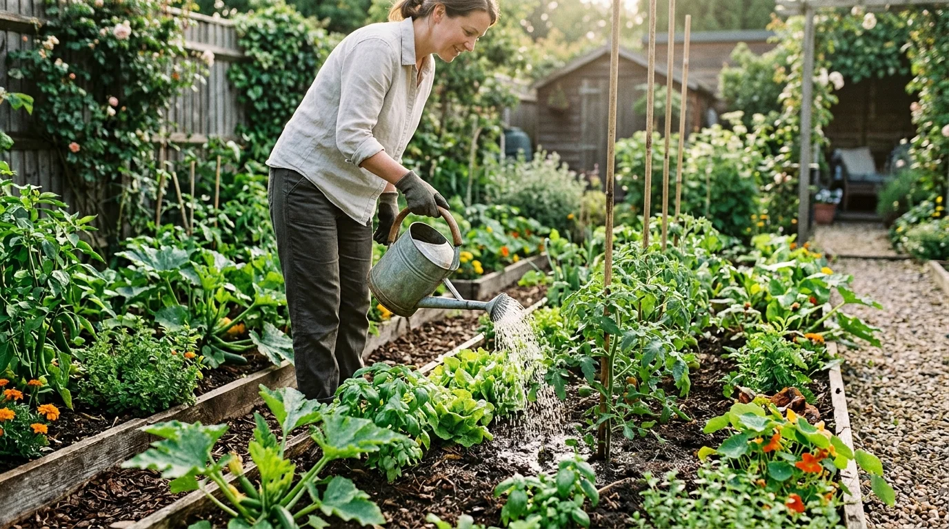 A quick weekly watering routine in a tidy vegetable patch with healthy plants.