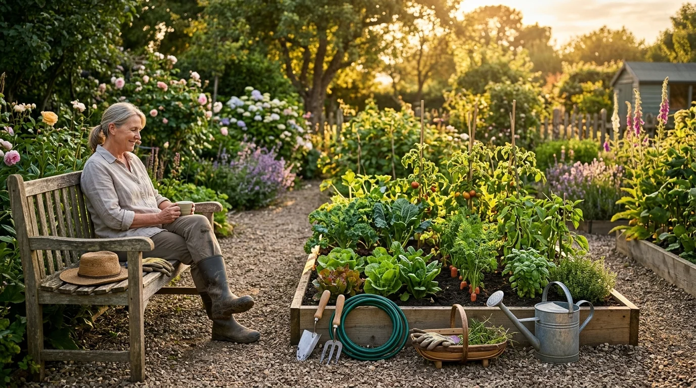 Relaxing after quick garden work in a calm and productive outdoor space.