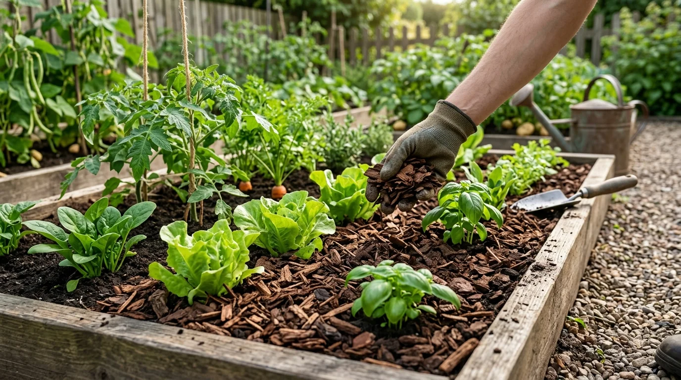 Simple mulching step in a small vegetable patch.