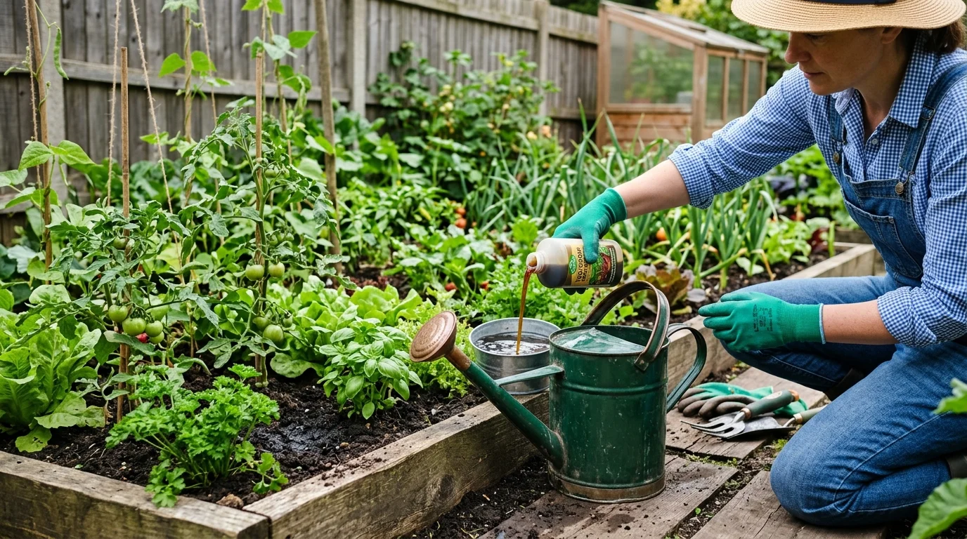 Watering and feeding combo during a fast weekly garden routine.
