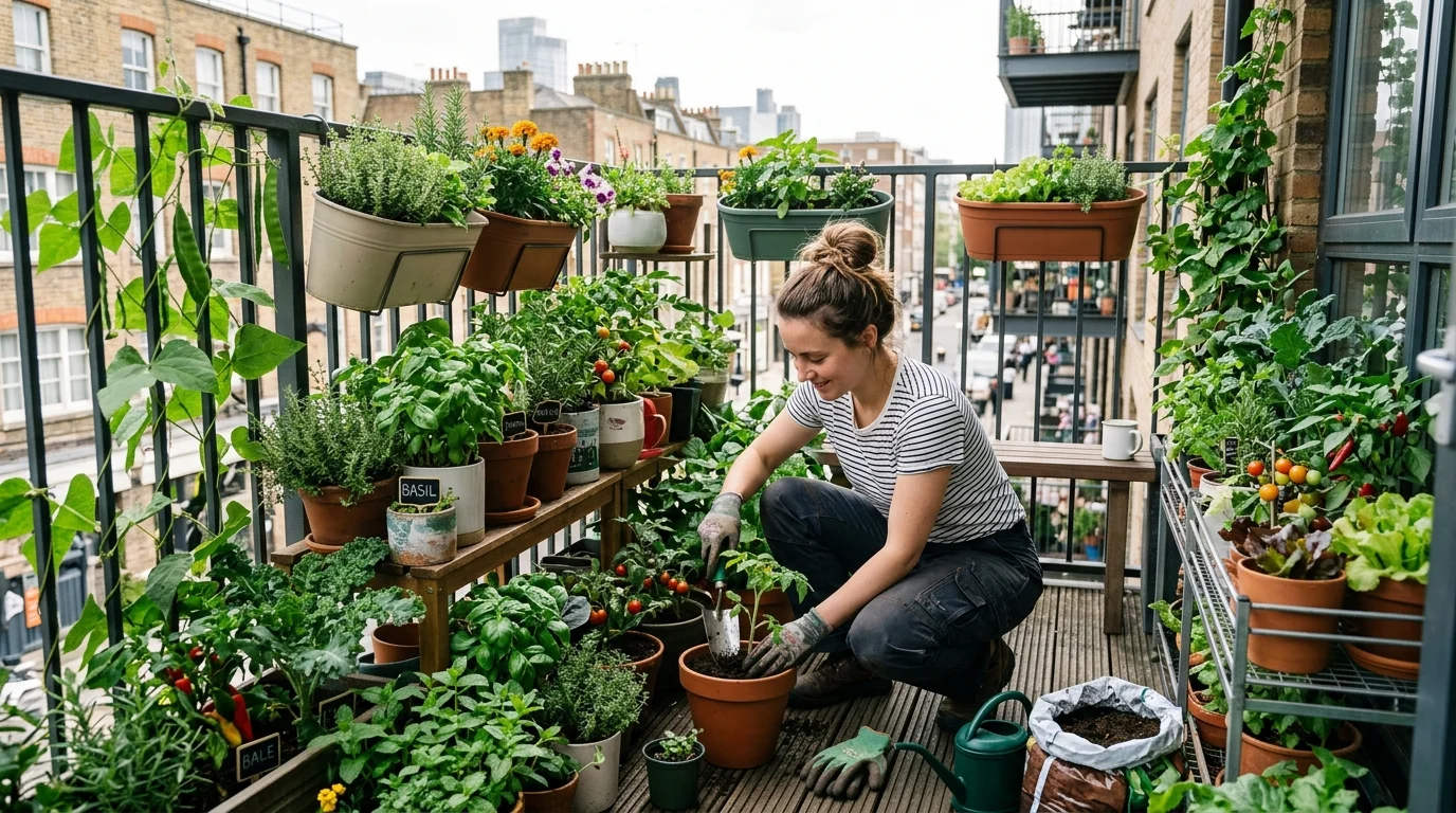 A small-space balcony veg patch cared for in a short weekly routine.