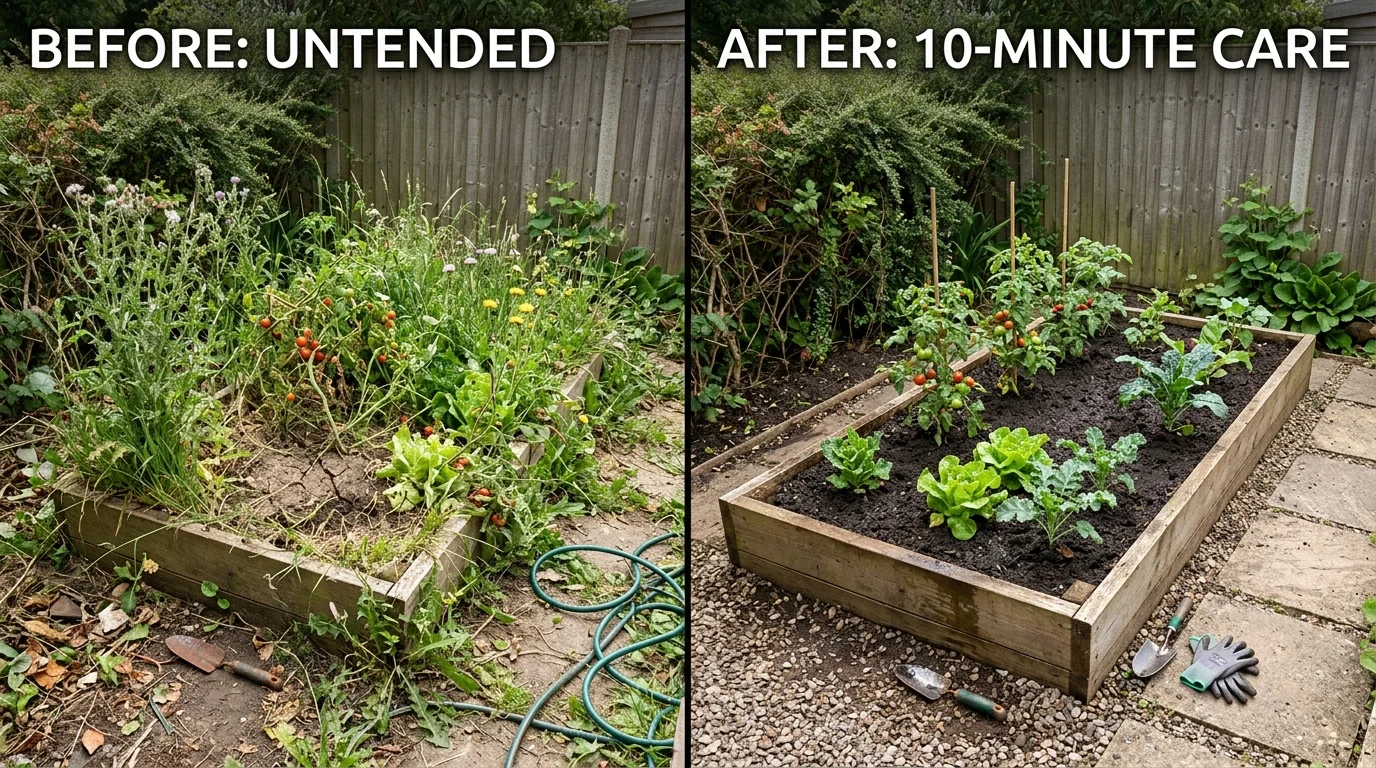 Before and after 10-minute care in a tidy vegetable garden.
