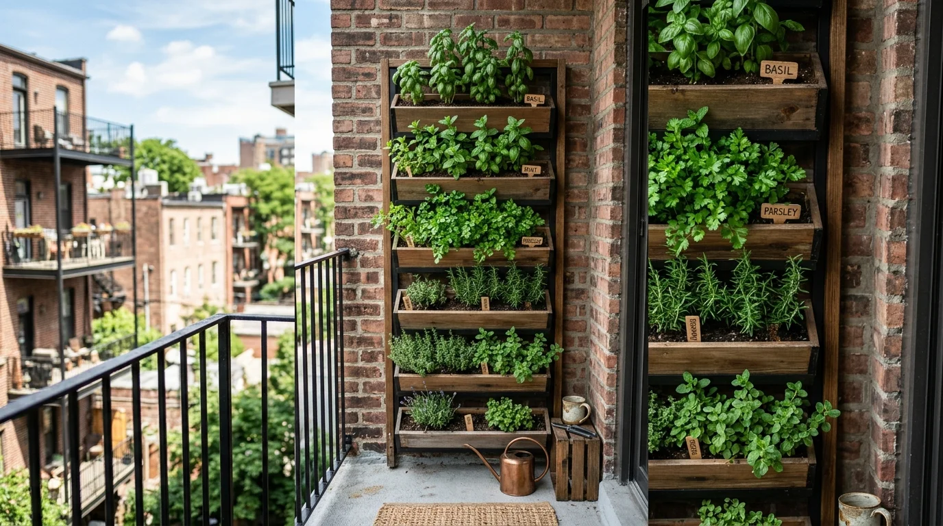 A tiny urban balcony with a vertical wall of basil, mint, and parsley in stacked planters.