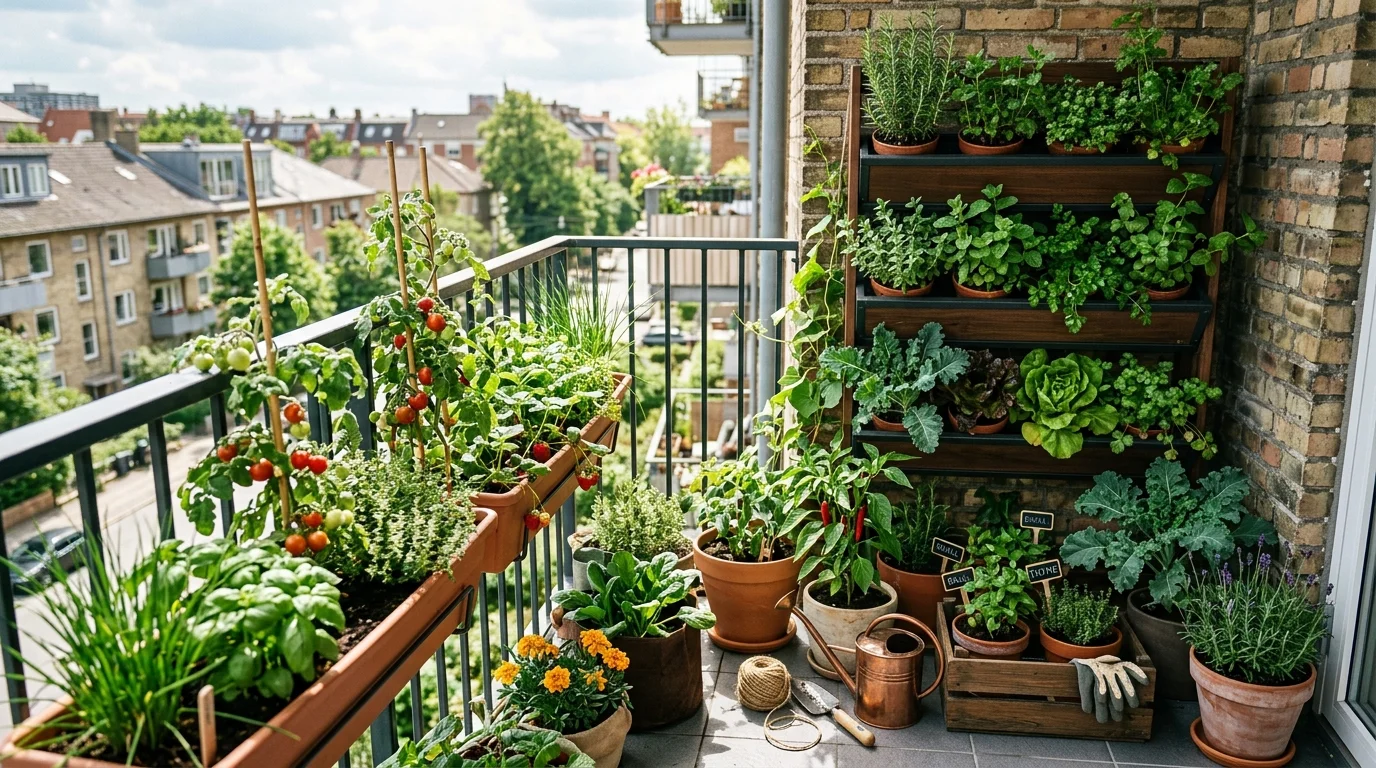 Mixed edible balcony with vertical planters, pots, and railing boxes full of greenery.