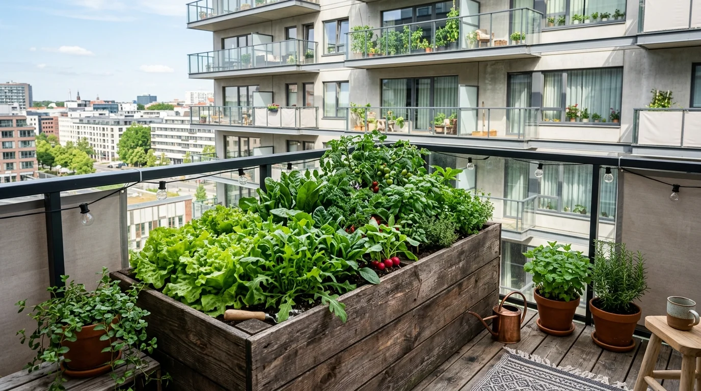 Compact wooden raised bed filled with leafy greens on a tiny balcony.
