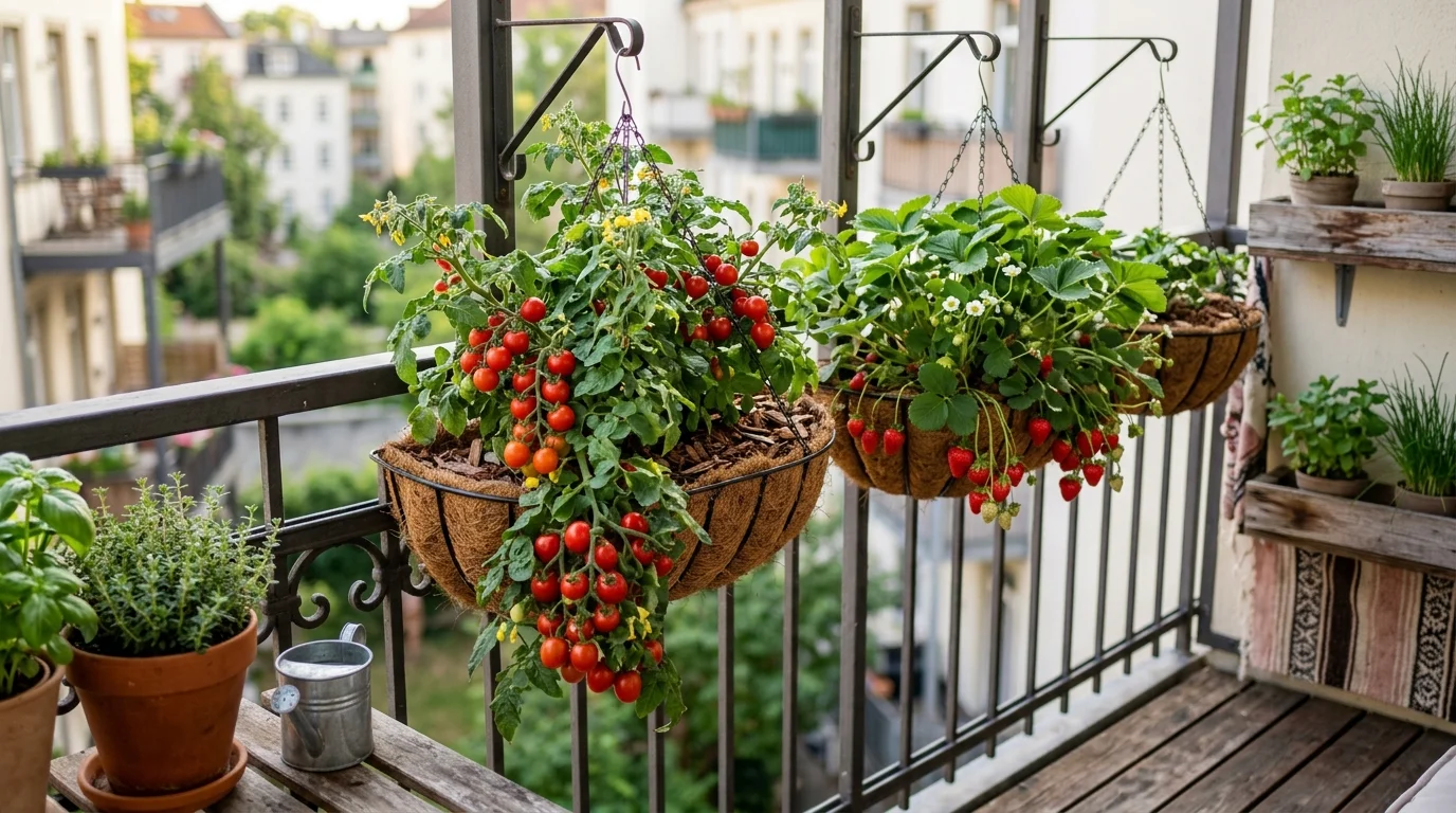 Hanging baskets with cherry tomatoes and strawberries on a balcony railing.