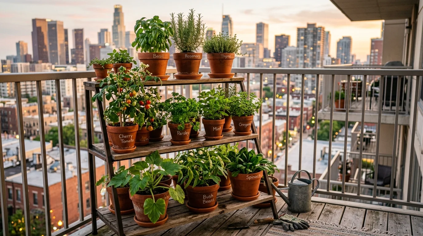 Three-tier plant stand with herbs and vegetables in clay pots on a balcony.
