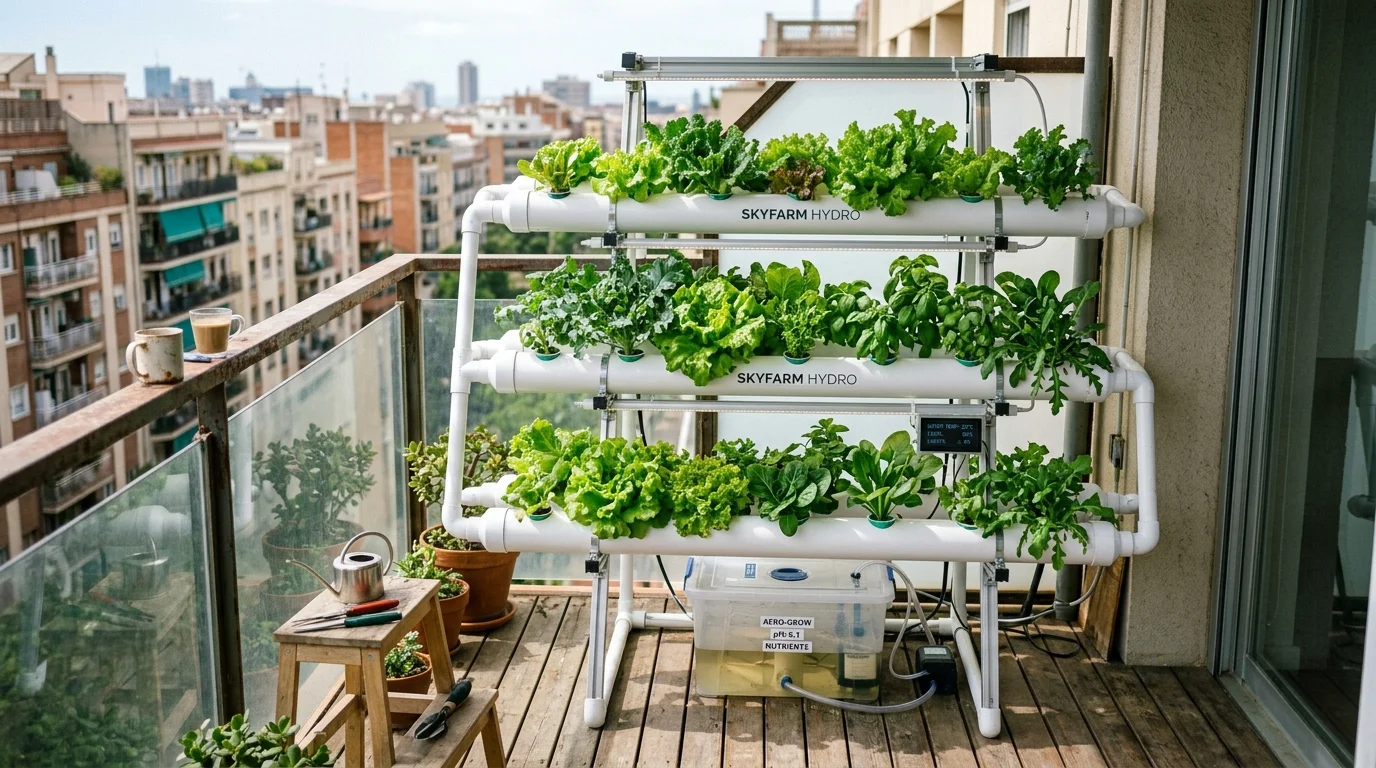 Compact hydroponic system growing leafy greens on a small modern balcony.