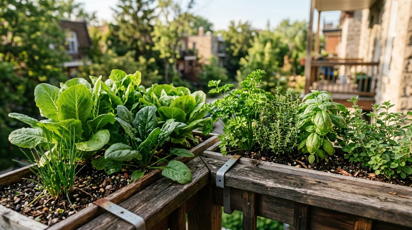 Balcony railing with window boxes full of lettuce, spinach, and herbs.
