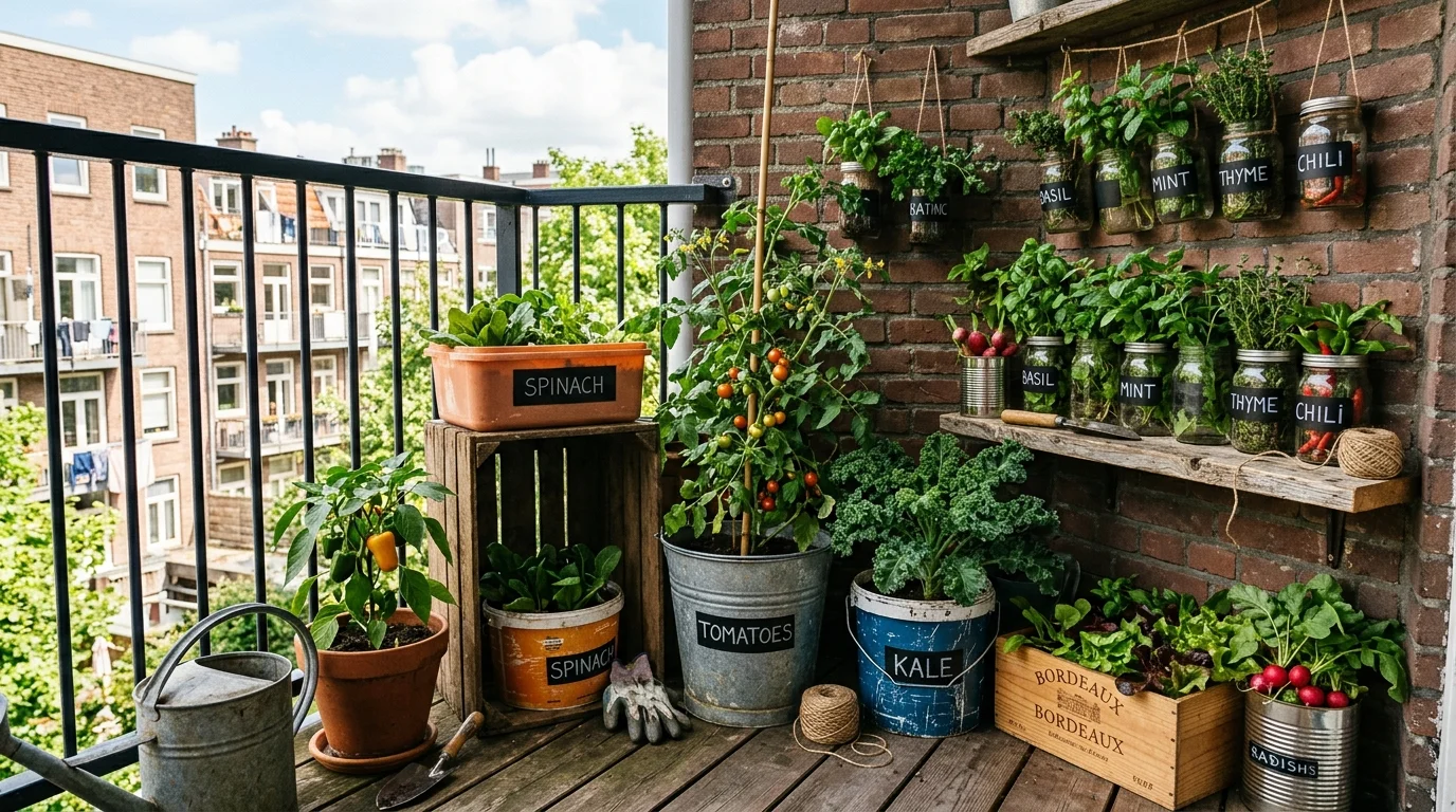 Rustic balcony corner with repurposed containers growing vegetables.