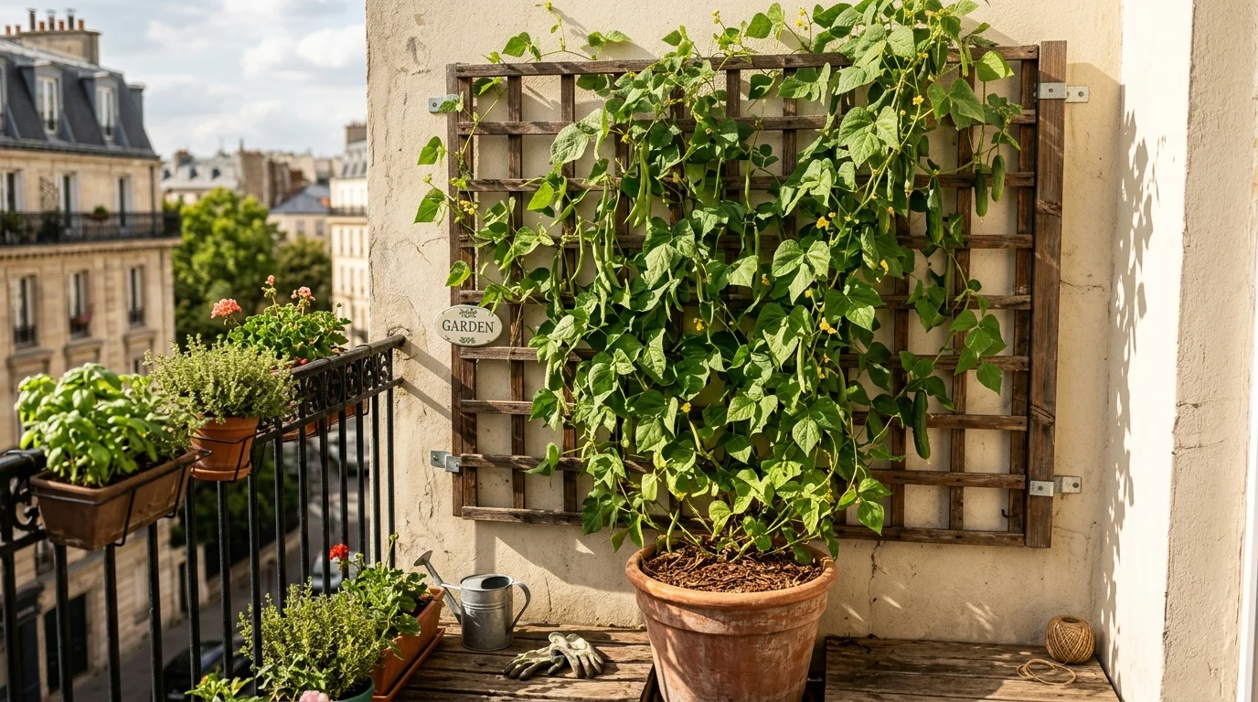 Tiny balcony with a trellis supporting climbing beans and lush green vines.