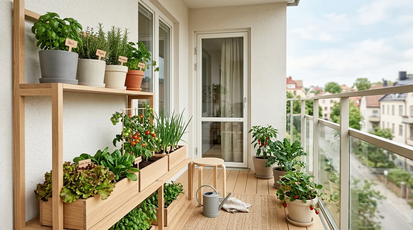 Minimalist balcony with neatly spaced pots of herbs and vegetables.