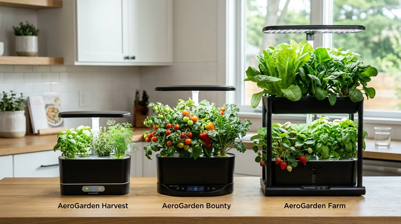 A side-by-side comparison setup of AeroGarden models.