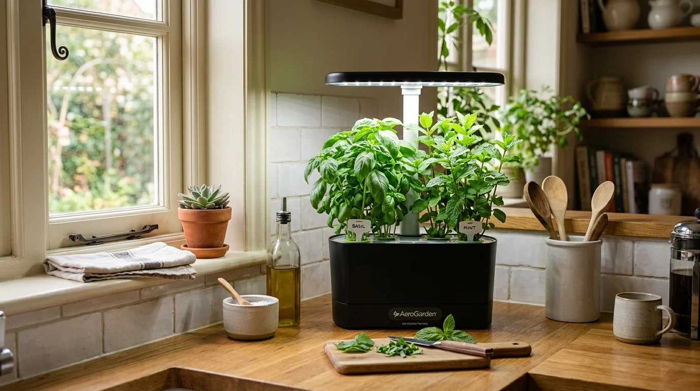 A small kitchen counter with a Harvest-focused setup.
