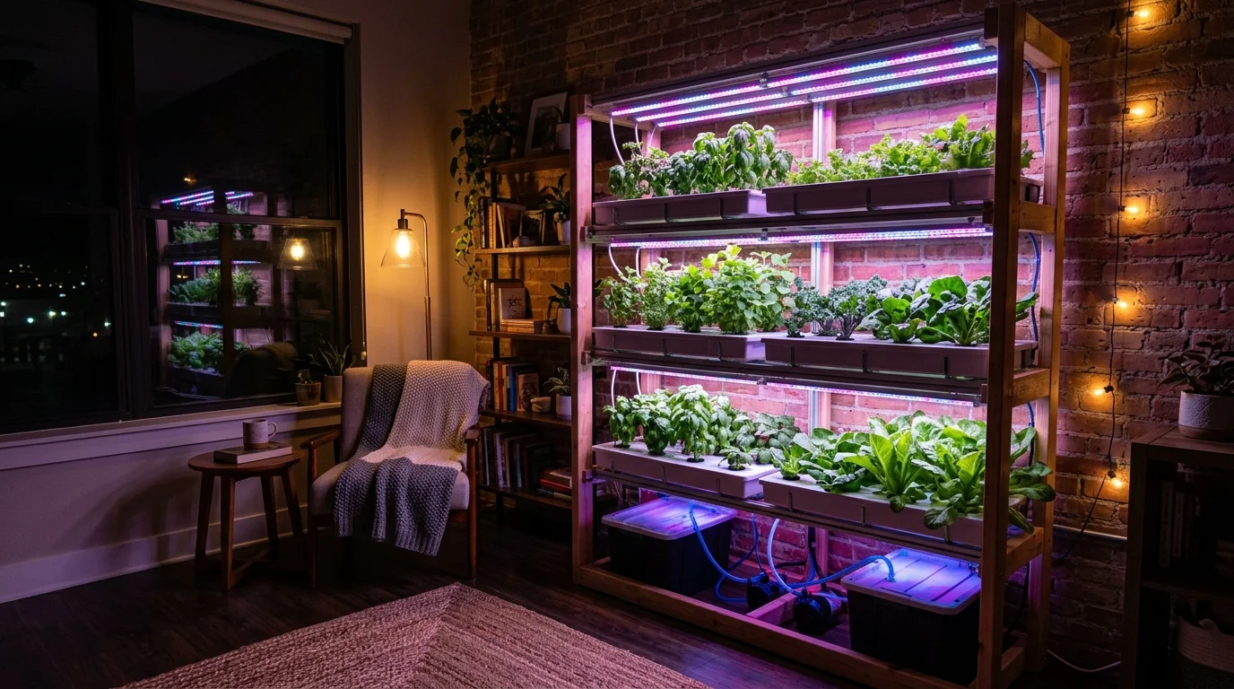 A night glow ambiance from an indoor garden.