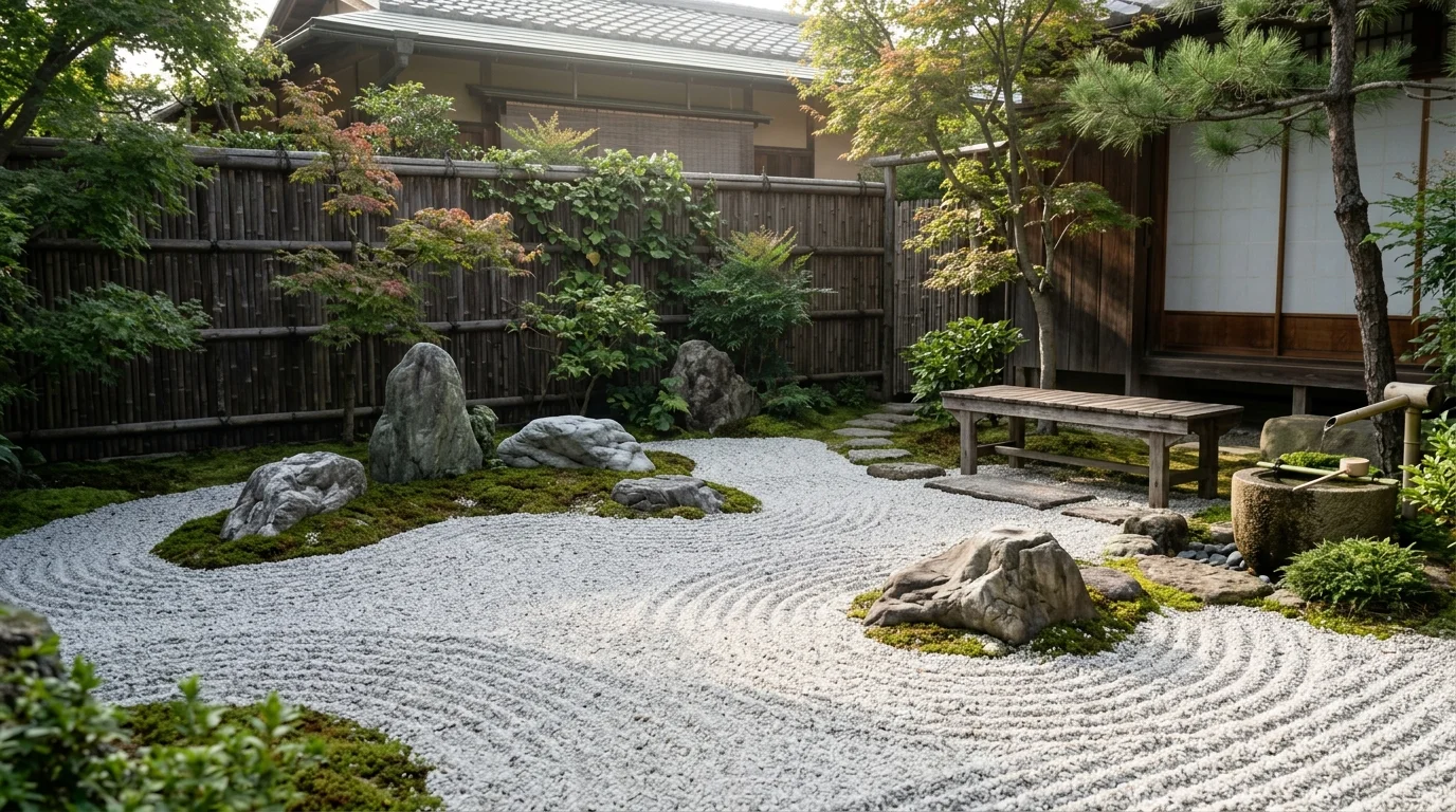 A peaceful zen minimalist backyard meditation garden with clean lines and calming planting.