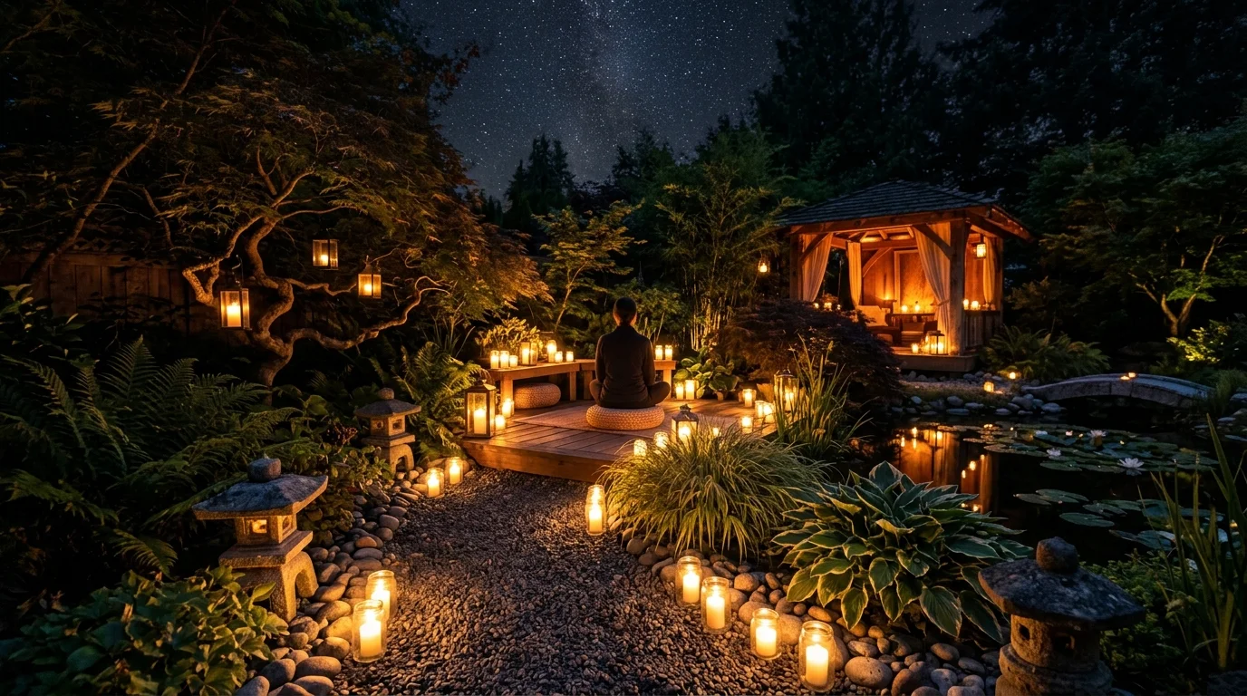 A candlelit night meditation garden with a warm peaceful glow.