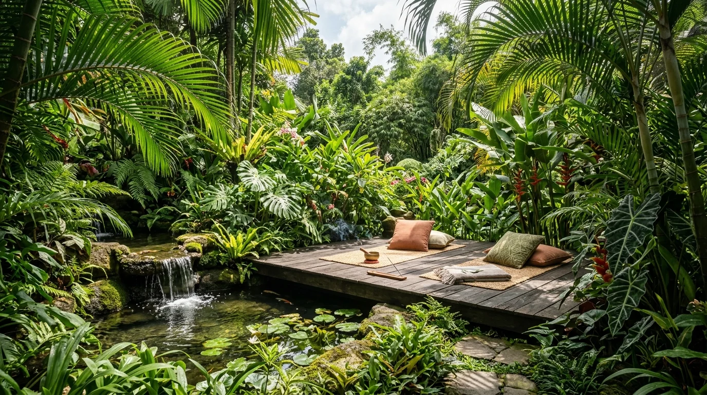 A lush tropical meditation retreat in a peaceful backyard.