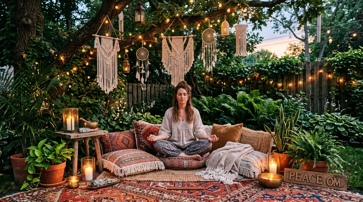 A bohemian meditation garden space with layered natural details.
