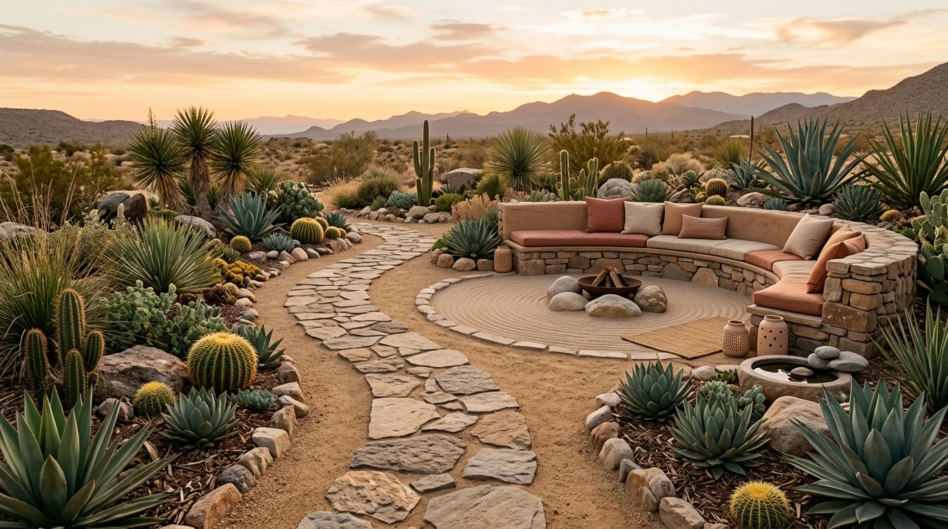 A desert-inspired calm meditation garden with sculptural planting.