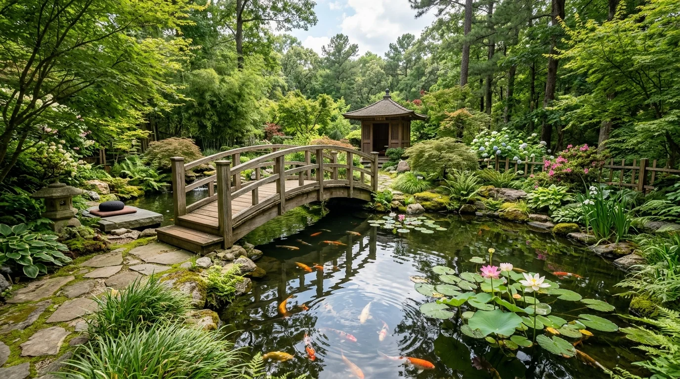 A backyard meditation garden centered around a water feature sanctuary.