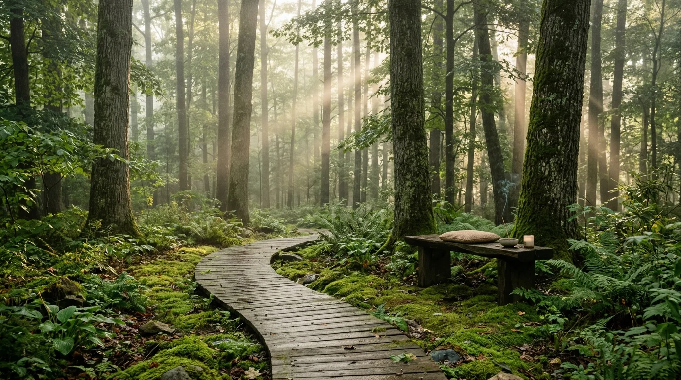 A forest-inspired meditation nook set into a peaceful garden corner.