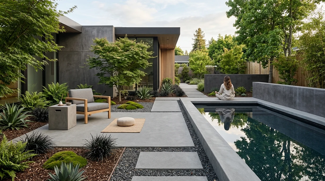 A modern minimal meditation garden with clean lines and quiet styling.