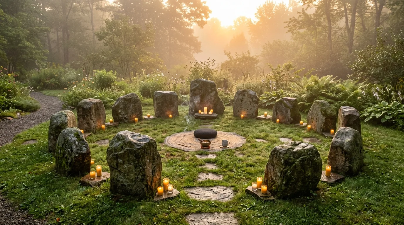 A spiritual stone circle creating a focal point in a meditation garden.