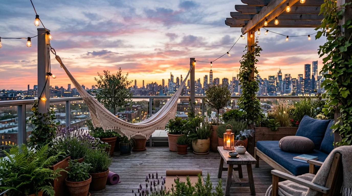 A rooftop meditation garden designed for a compact backyard-style retreat.