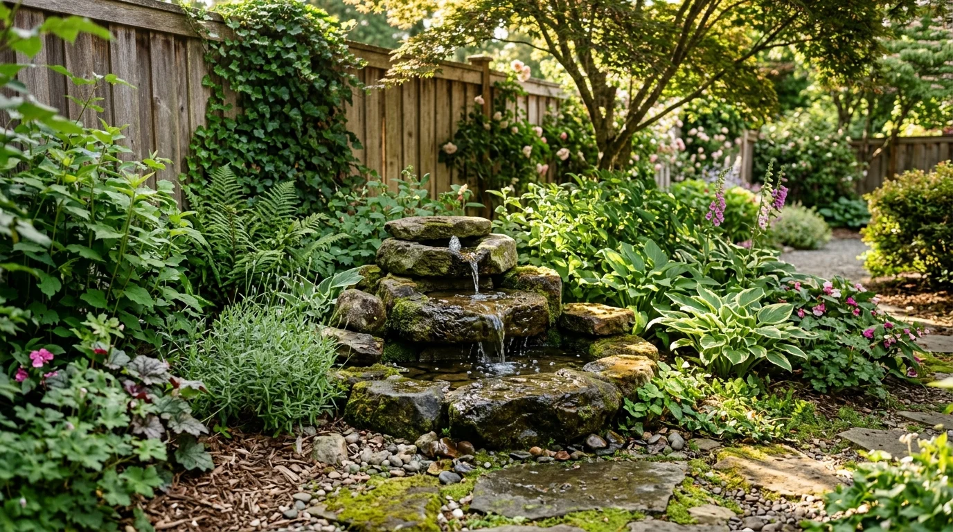 A small stone fountain corner in a backyard garden.