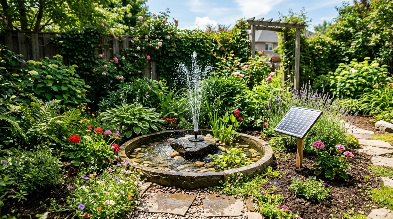 A solar fountain garden setup with gentle flow.
