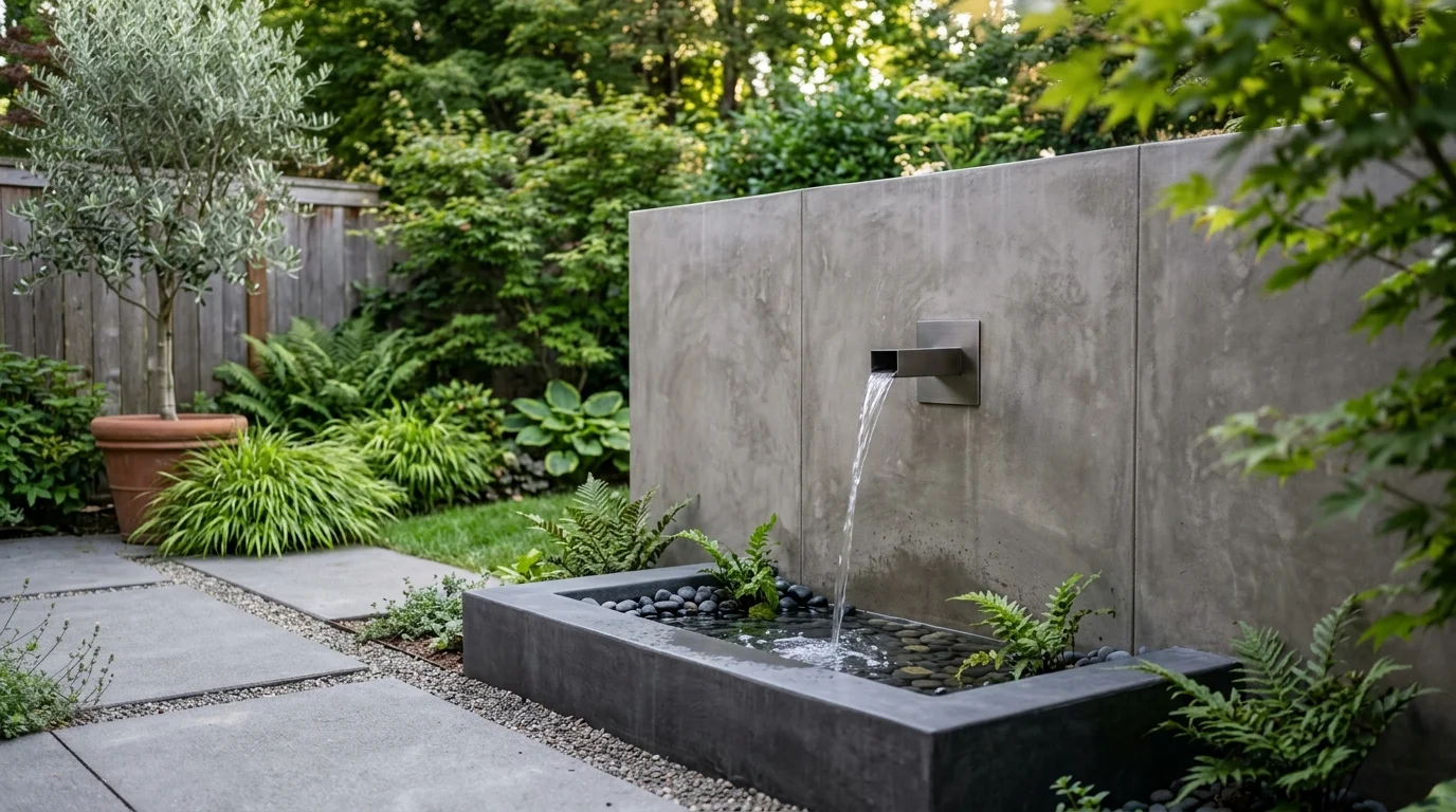 A wall water spout feature with a simple basin.