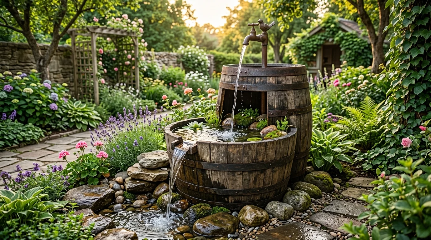 A rustic barrel water feature in a garden.