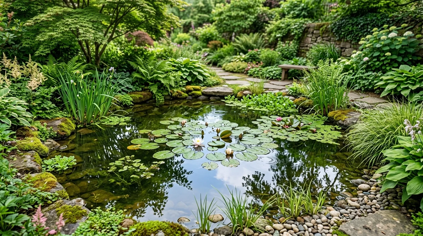 A pond with floating plants in a backyard.