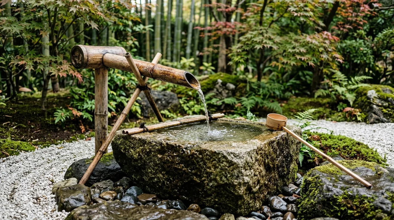 A bamboo water spill feature in a garden.
