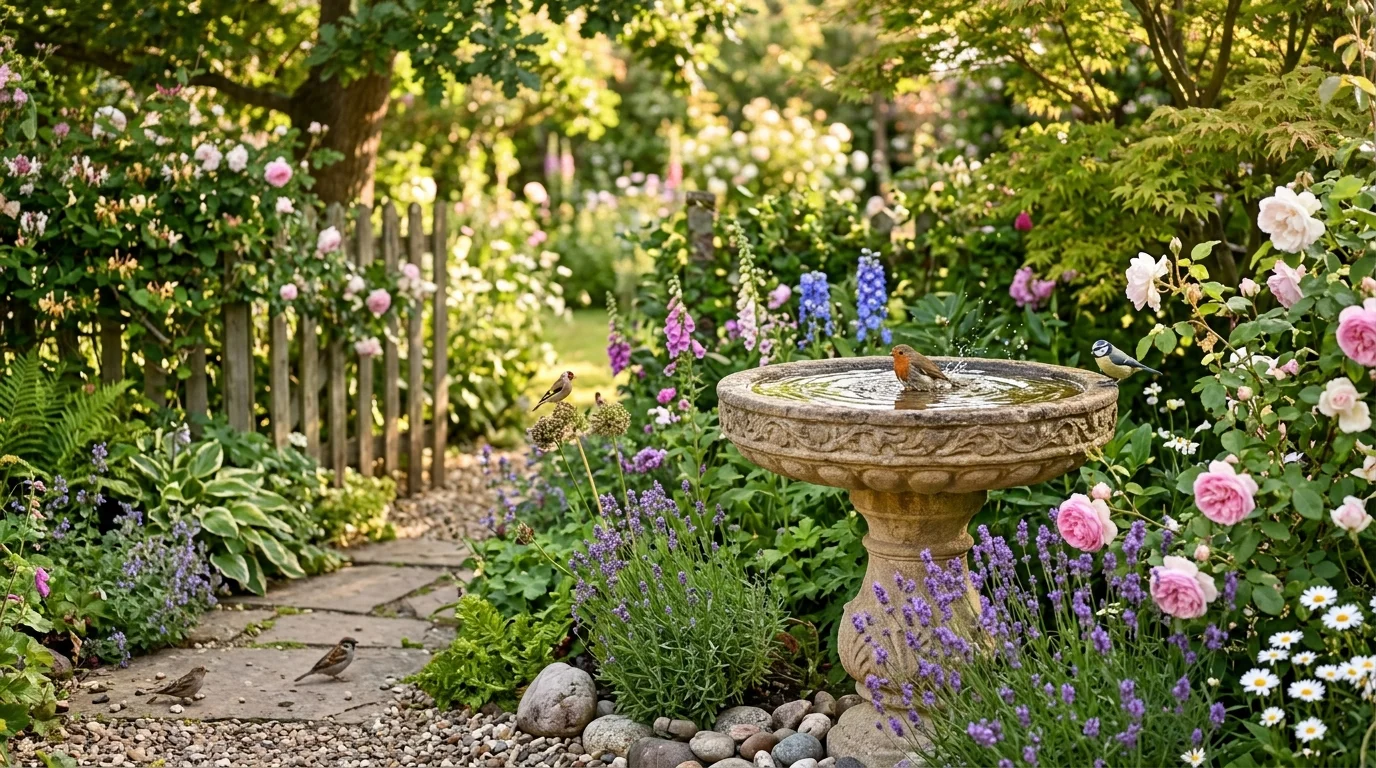 A bird bath water garden with surrounding plants.