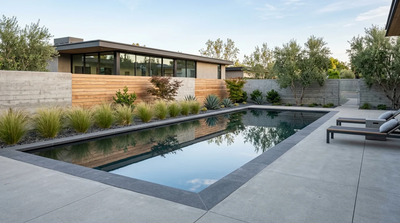 A modern reflecting pool in a backyard.