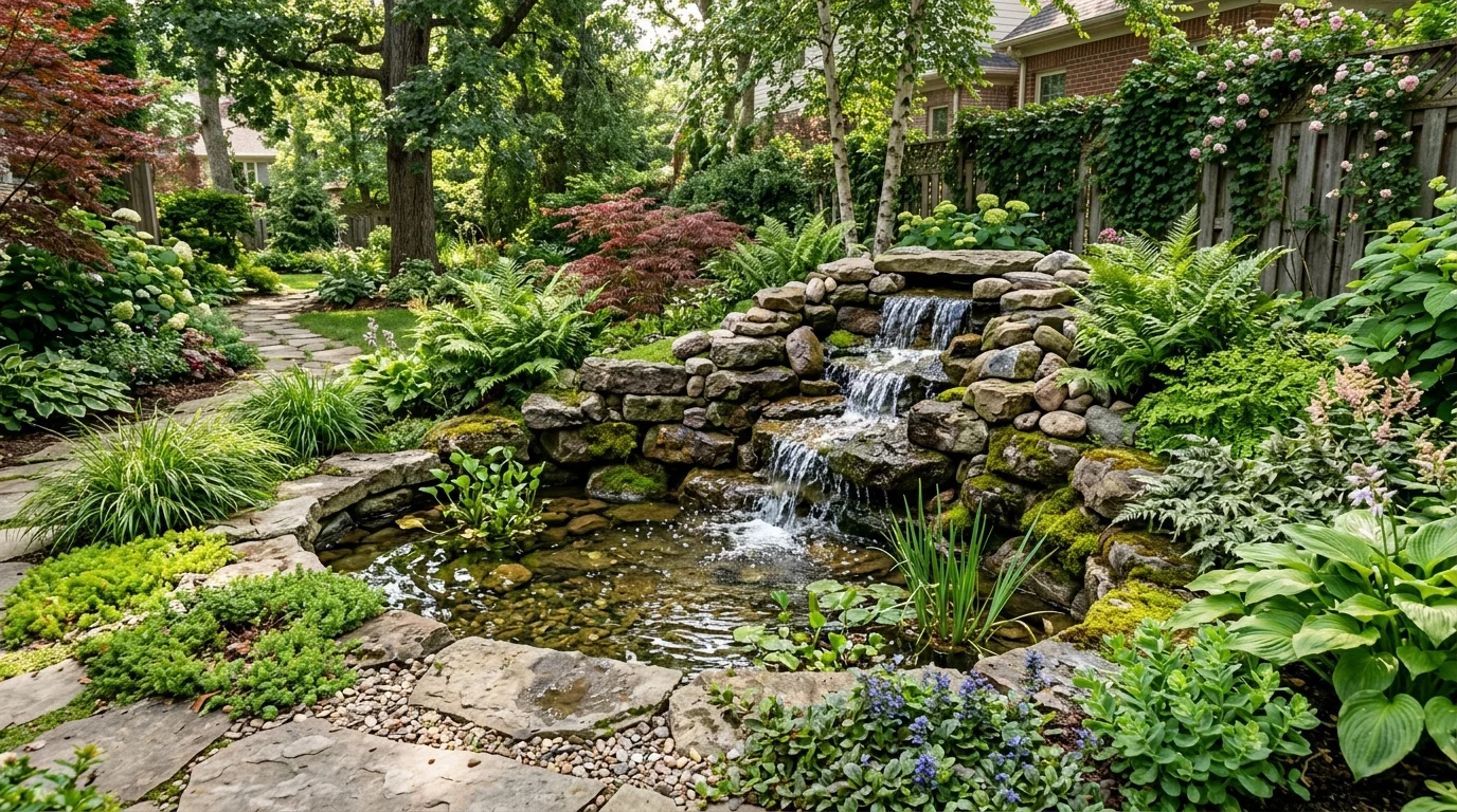 A waterfall rock feature with flowing water.