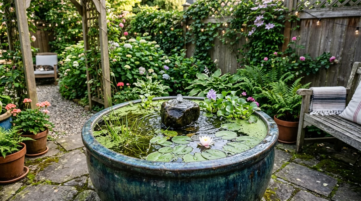 A container water garden on a patio.