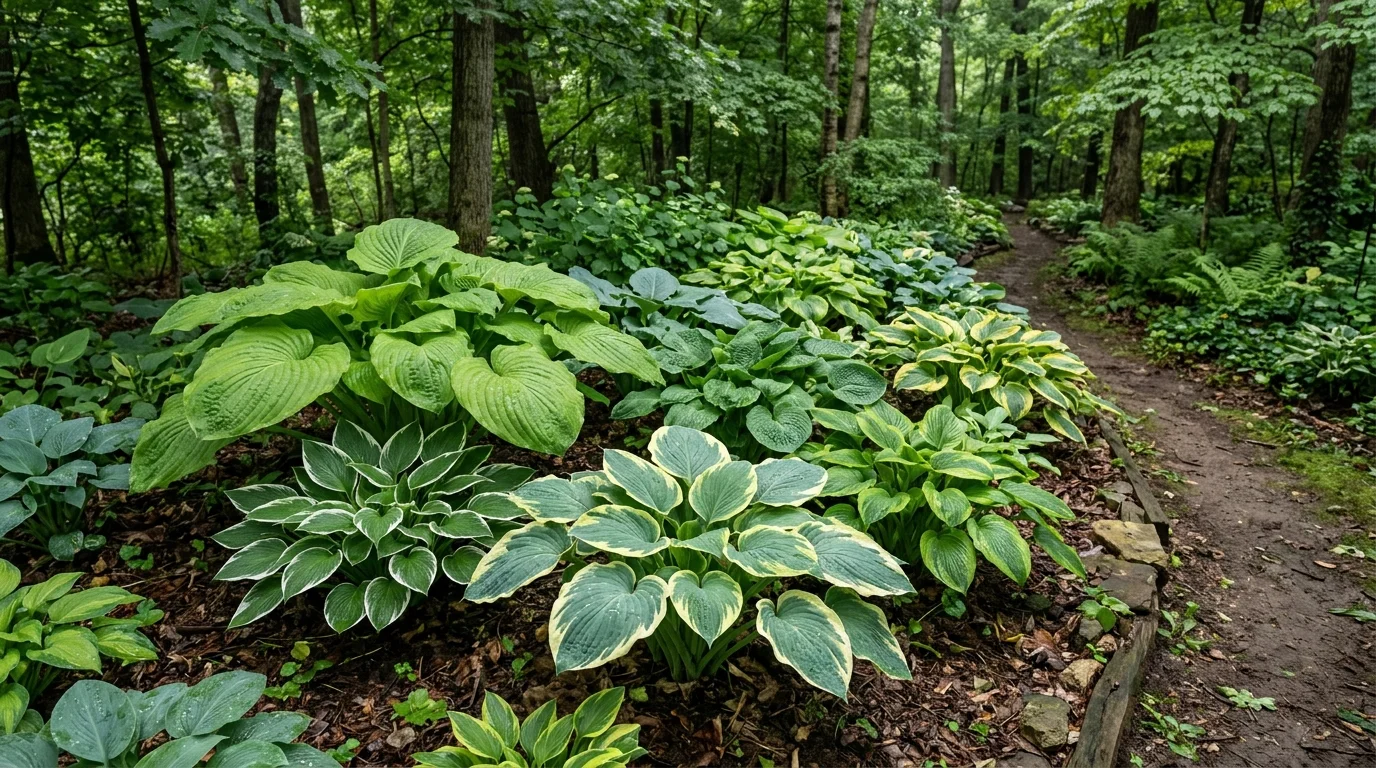 Lush hostas filling a rich shaded border with layered green foliage.