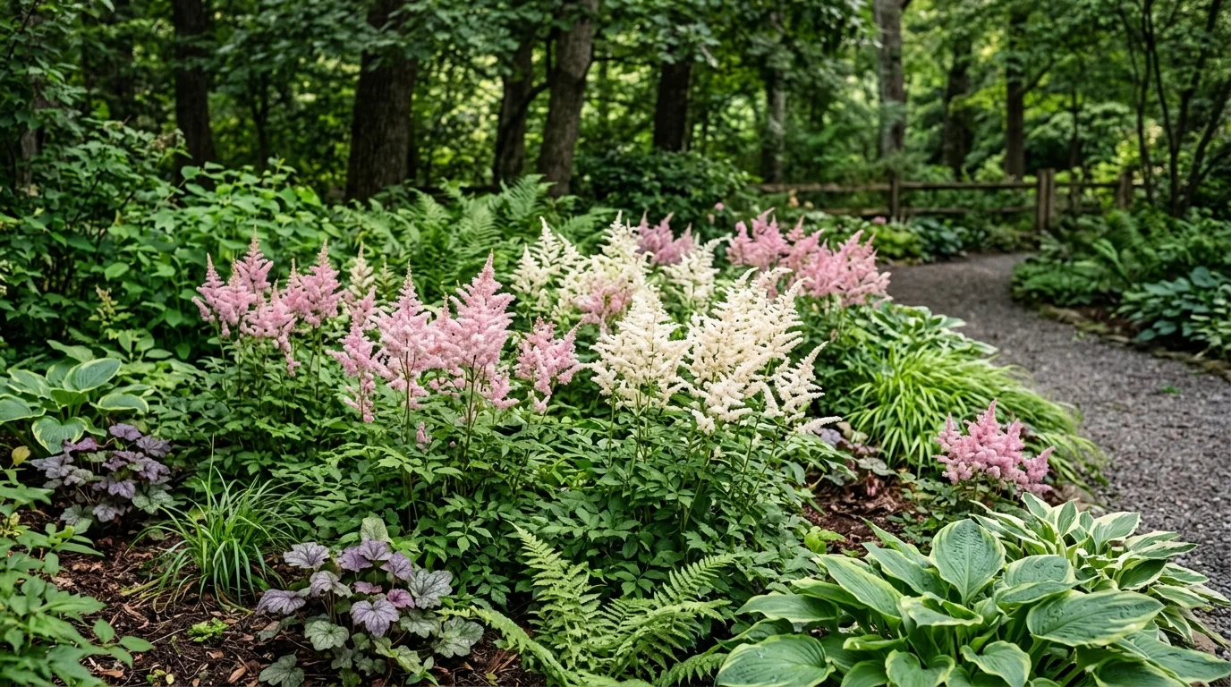 Astilbe softening a shady border with airy plumes of bloom.